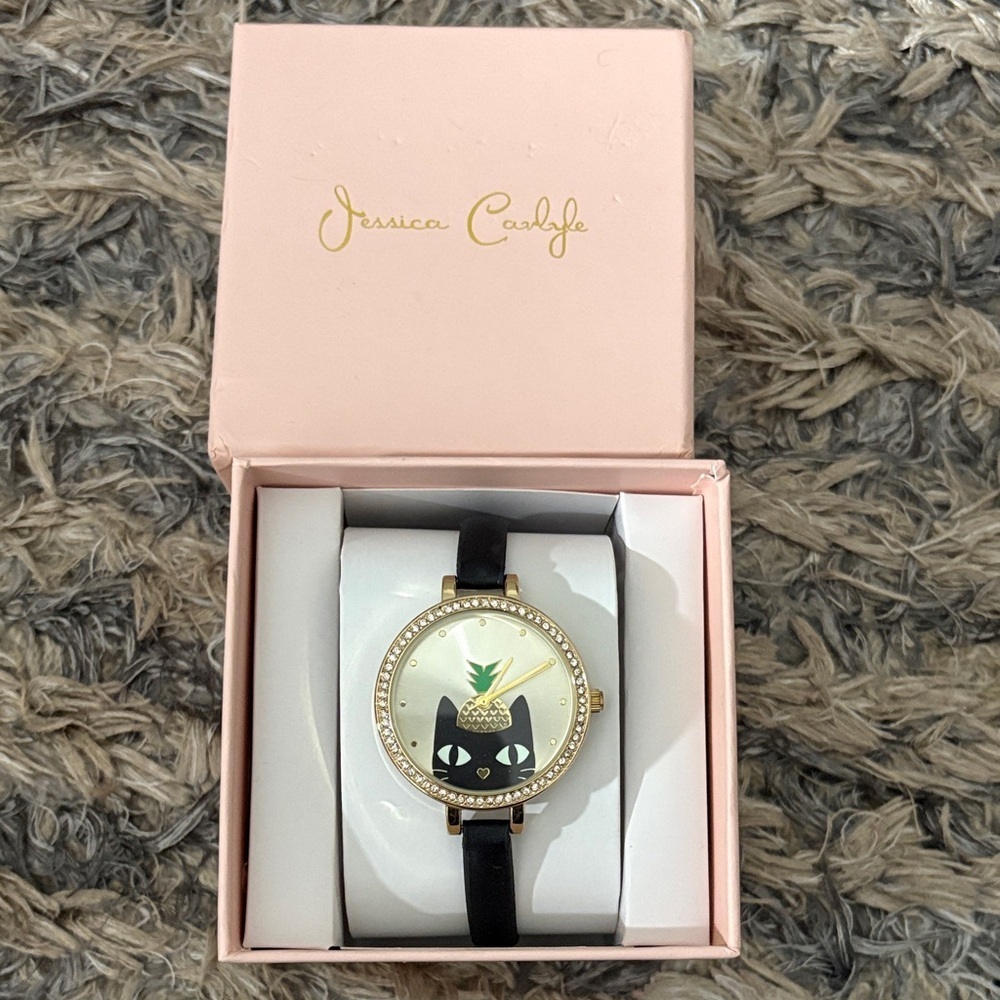 Jessica Carlyle Cute Black Cat Watch with Crystals Allaround Gold Hardware New